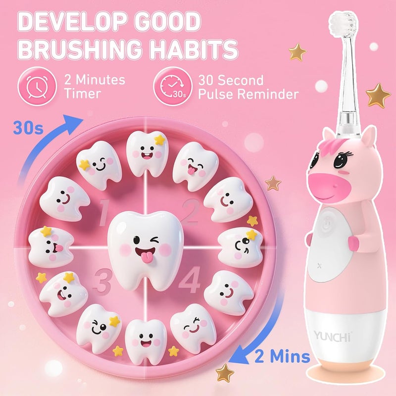 YUNCHI Toddler Electric Toothbrush Kids 0-3-6 Years, Baby Electric Toothbrush with Colorful LED Light, Battery Powered Toddler Toothbrush with 2 Minutes Timer 4 Brush Heads, Infant Toothbrush (Pink) - Image 4